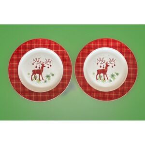 2 Canterbury Potteries Red Plaid Prancer 10.25" Dinner Plates Christmas Reindeer